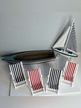 SAILBOAT, CANOE, BEACH CHAIRS NAUTICAL DECOR